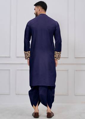 navy blue embroidered viscose premium designer festive bengali dhoti kurta set 4