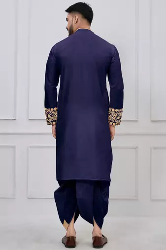 navy blue embroidered viscose premium designer festive bengali dhoti kurta set