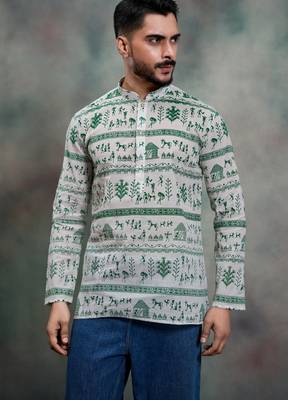 green tribal print khadi moubani premium festive short kurta 1