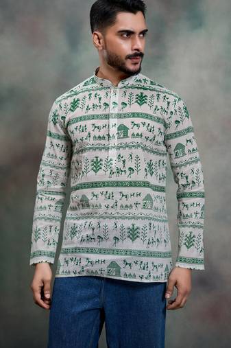 Green color khadi-moubani print premium designer festive wear short kurta only
