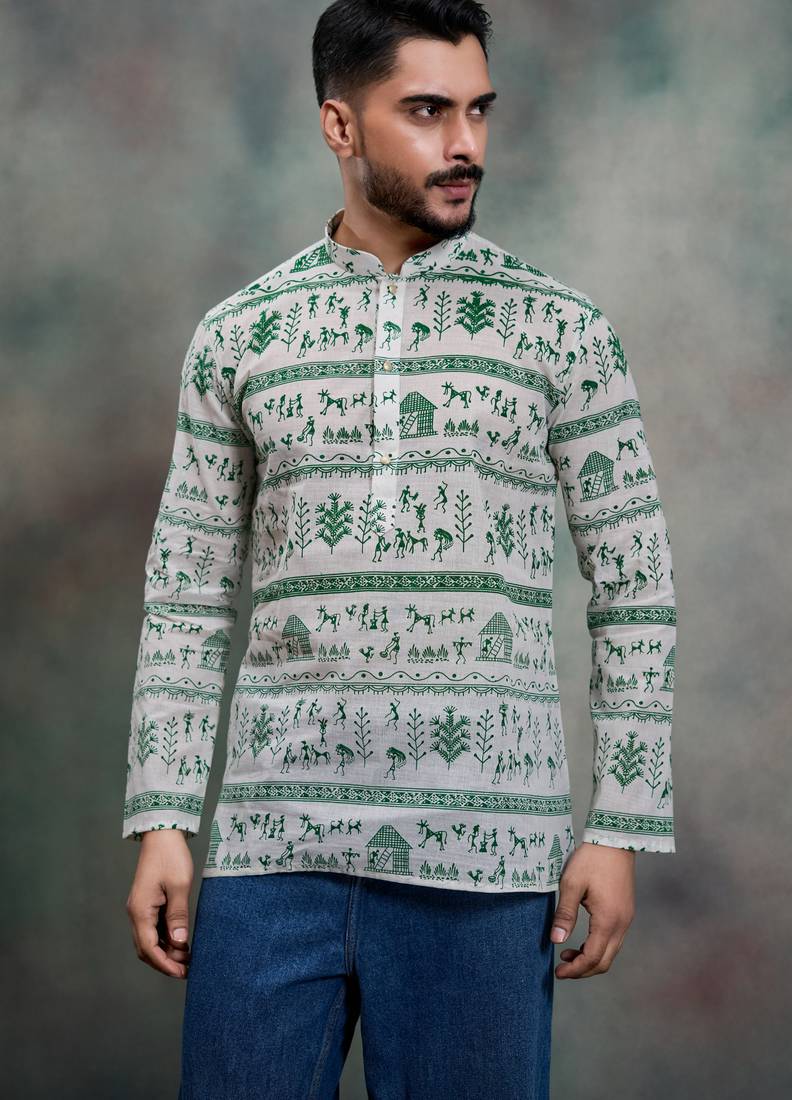 Green color khadi-moubani print premium designer festive wear short kurta only