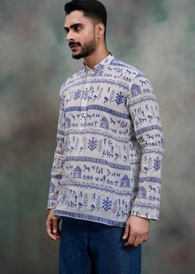 purple tribal print khadi moubani premium designer festive short kurta 2