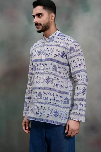 purple tribal print khadi moubani premium designer festive short kurta
