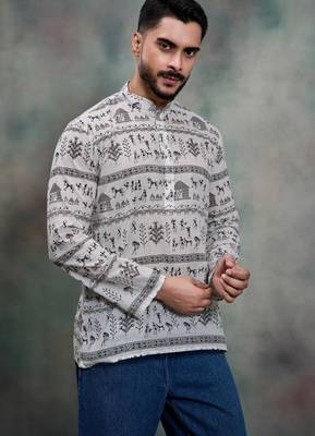 black tribal print khadi moubani premium designer festive short kurta 3