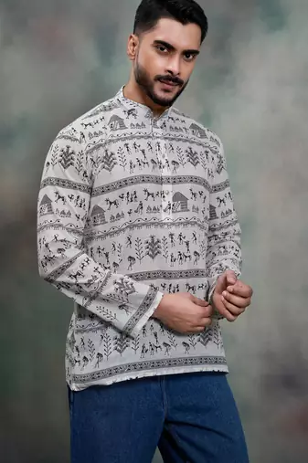 black tribal print khadi moubani premium designer festive short kurta