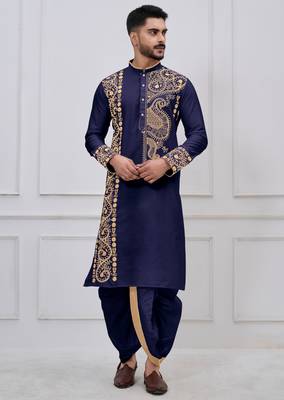 navy blue embroidered viscose premium designer festive bengali dhoti kurta set 5