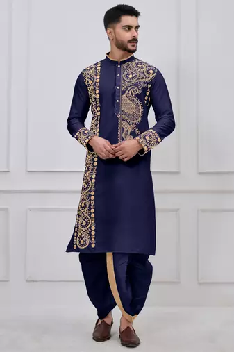 navy blue embroidered viscose premium designer festive bengali dhoti kurta set