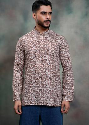 brown heritage print cotton premium festive short kurta 1