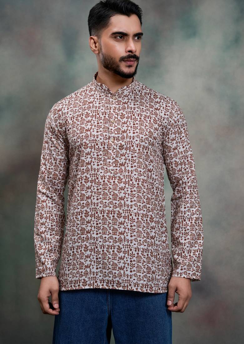 Brown color cotton print premium designer festive wear short kurta only
