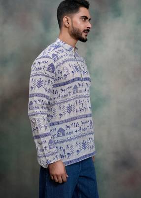 purple tribal print khadi moubani premium designer festive short kurta 3