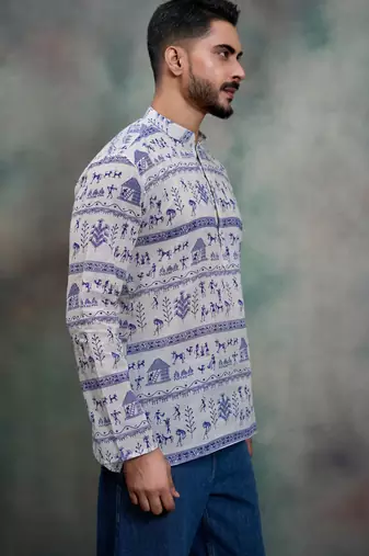 purple tribal print khadi moubani premium designer festive short kurta