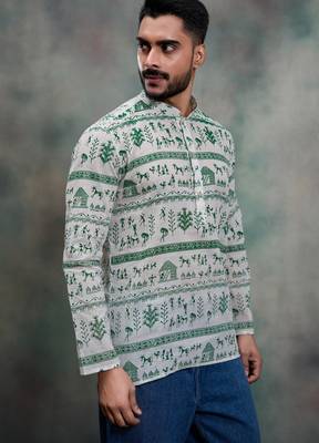green tribal print khadi moubani premium festive short kurta 2