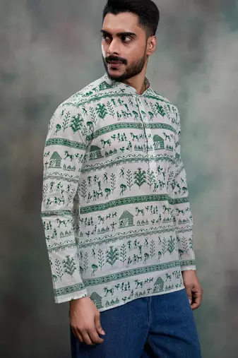 green tribal print khadi moubani premium festive short kurta