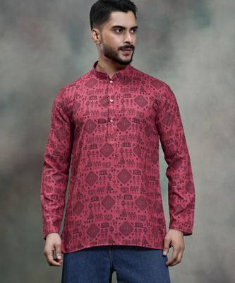 rani pink tribal print cotton premium festive short kurta 1