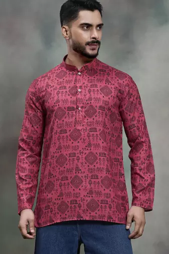 Pink color cotton print premium designer festive wear short kurta only