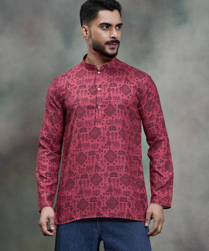 Pink color cotton print premium designer festive wear short kurta only