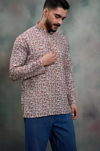brown heritage print cotton premium festive short kurta