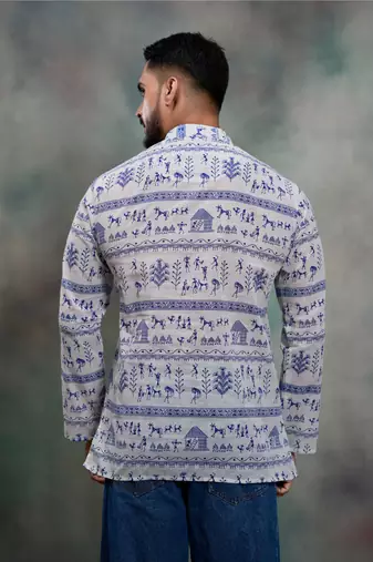 purple tribal print khadi moubani premium designer festive short kurta
