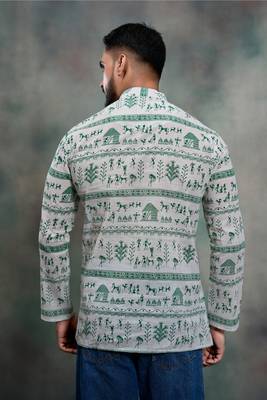 green tribal print khadi moubani premium festive short kurta 3
