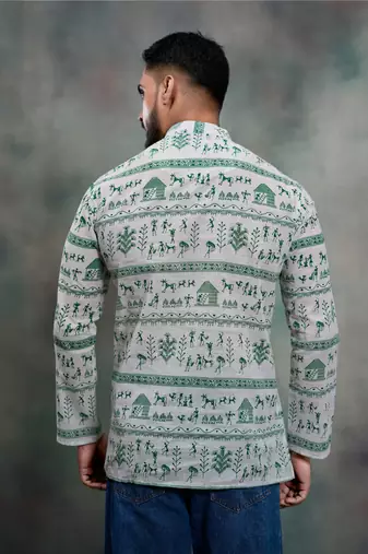 green tribal print khadi moubani premium festive short kurta