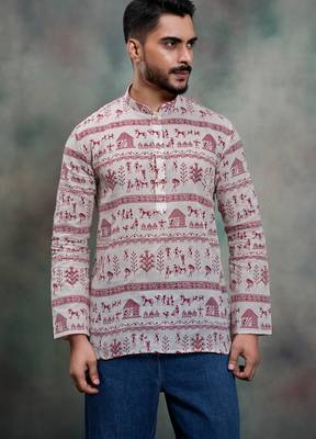 red tribal print khadi moubani premium festive short kurta 1