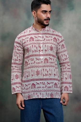 Purple color khadi-moubani print premium designer festive wear short kurta only