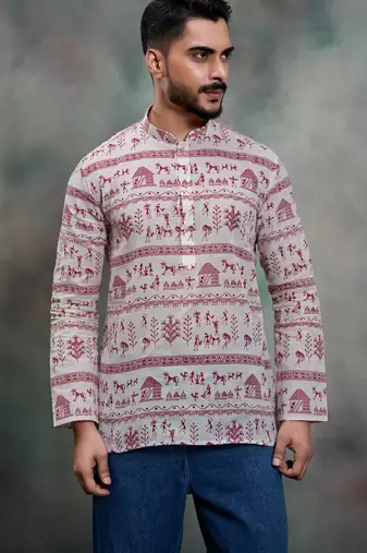 Purple color khadi-moubani print premium designer festive wear short kurta only