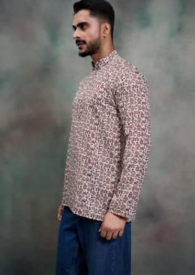 brown heritage print cotton premium festive short kurta 3