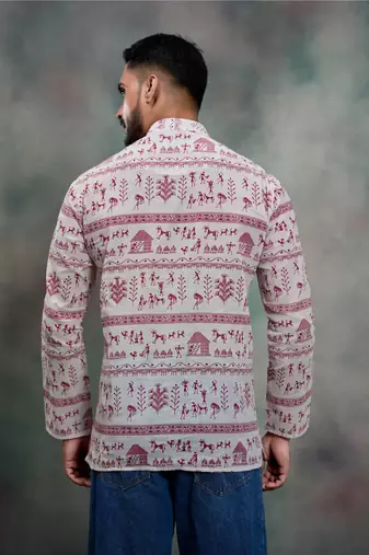 red tribal print khadi moubani premium festive short kurta