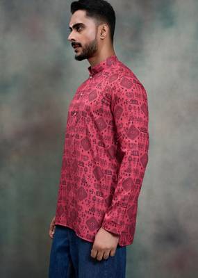 rani pink tribal print cotton premium festive short kurta 2