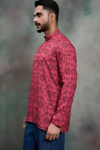rani pink tribal print cotton premium festive short kurta