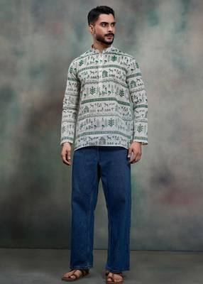 green tribal print khadi moubani premium festive short kurta 4