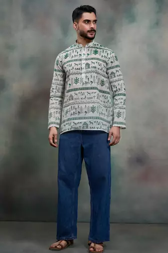 green tribal print khadi moubani premium festive short kurta