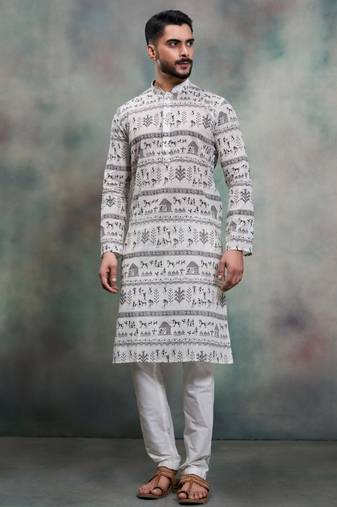 Grey khadi-moubani print premium designer festive wear kurta pyjama set