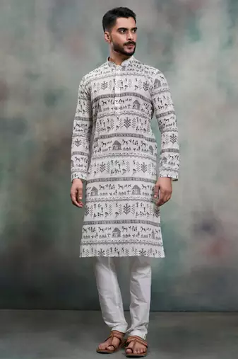 Grey khadi-moubani print premium designer festive wear kurta pyjama set
