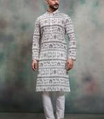 Grey khadi-moubani print premium designer festive wear kurta pyjama set