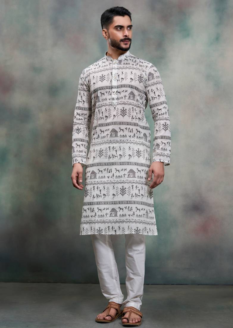 Grey khadi-moubani print premium designer festive wear kurta pyjama set