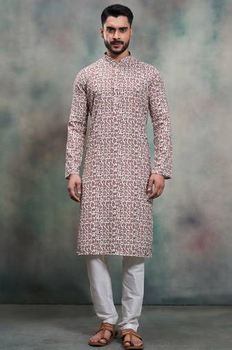 Brown coton print premium designer festive wear kurta pyjama set