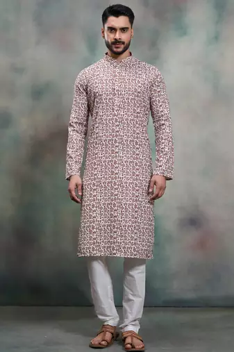 Brown coton print premium designer festive wear kurta pyjama set