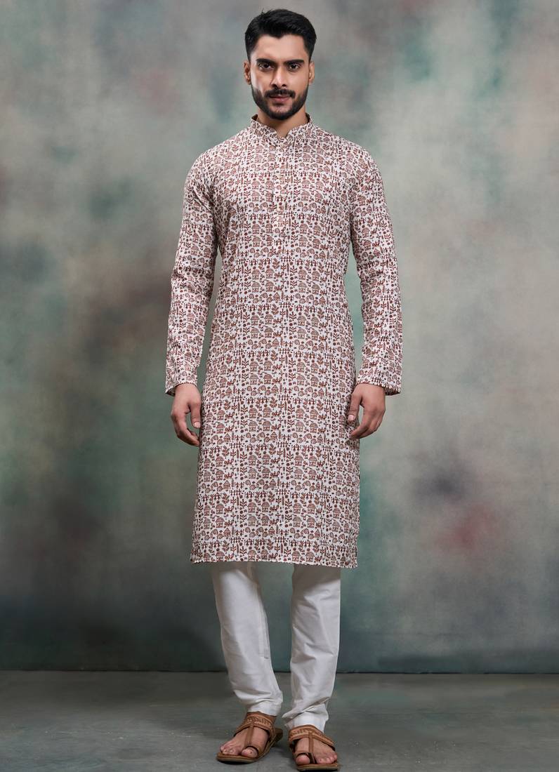 Brown coton print premium designer festive wear kurta pyjama set
