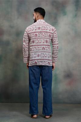 red tribal print khadi moubani premium festive short kurta 3