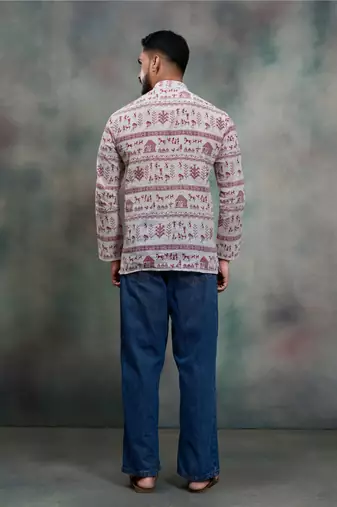 red tribal print khadi moubani premium festive short kurta