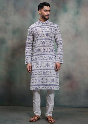  blue tribal print khadi moubani kurta pajama set 1