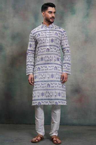 Blue khadi-moubani print premium designer festive wear kurta pyjama set