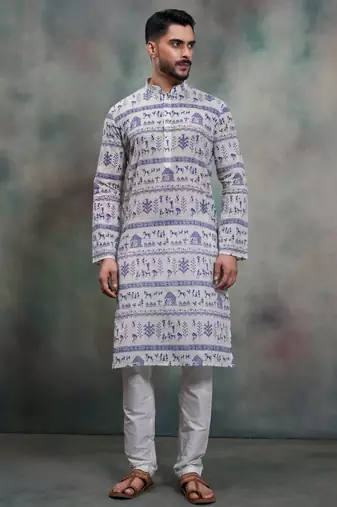 Blue khadi-moubani print premium designer festive wear kurta pyjama set