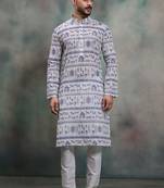 Blue khadi-moubani print premium designer festive wear kurta pyjama set