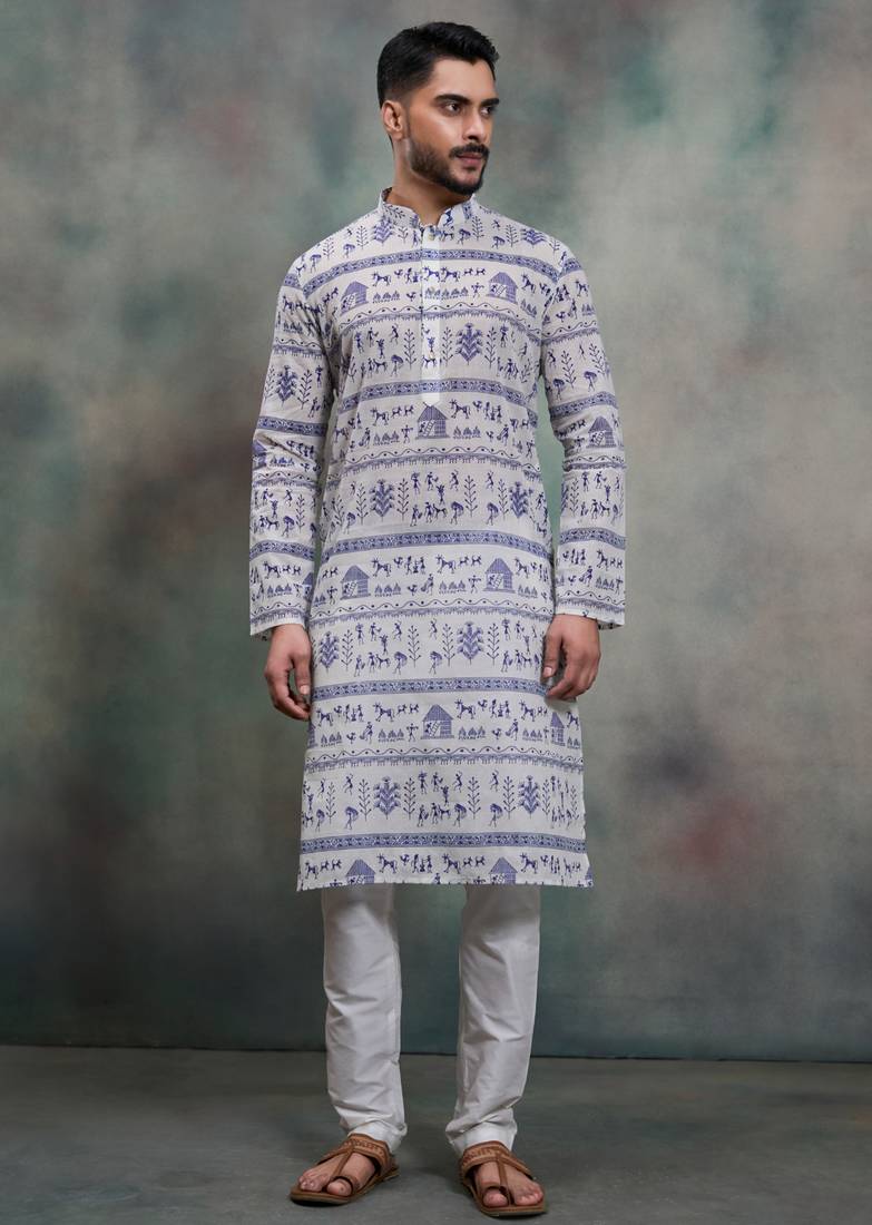 Blue khadi-moubani print premium designer festive wear kurta pyjama set