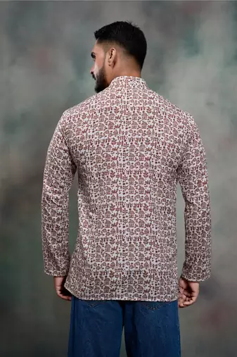 brown heritage print cotton premium festive short kurta