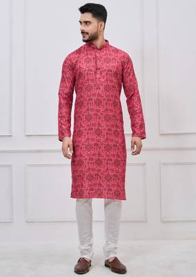 coral pink ethnic print cotton kurta pajama set for men 1