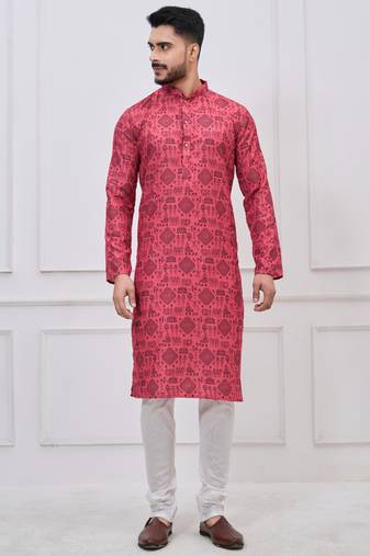 Pink coton print premium designer festive wear kurta pyjama set